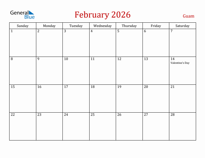 Guam February 2026 Calendar - Sunday Start
