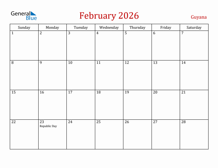 Guyana February 2026 Calendar - Sunday Start