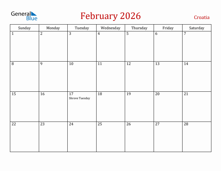 Croatia February 2026 Calendar - Sunday Start