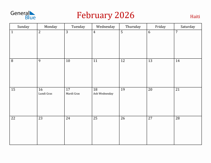 Haiti February 2026 Calendar - Sunday Start