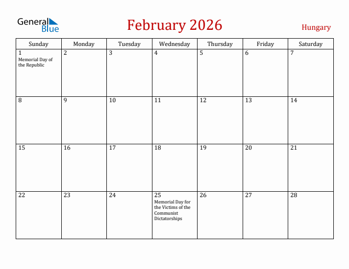 Hungary February 2026 Calendar - Sunday Start