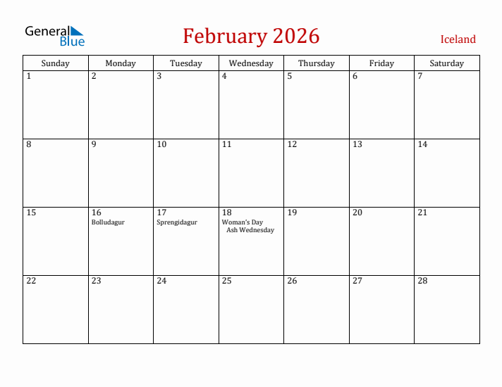 Iceland February 2026 Calendar - Sunday Start