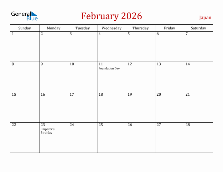 Japan February 2026 Calendar - Sunday Start