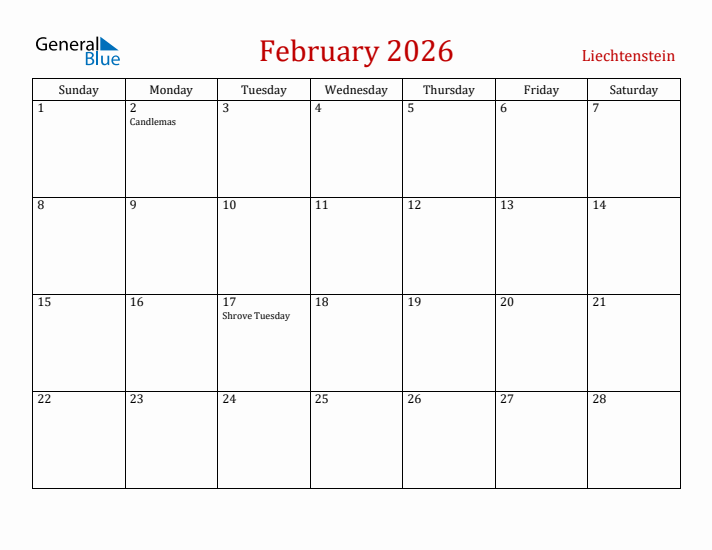Liechtenstein February 2026 Calendar - Sunday Start