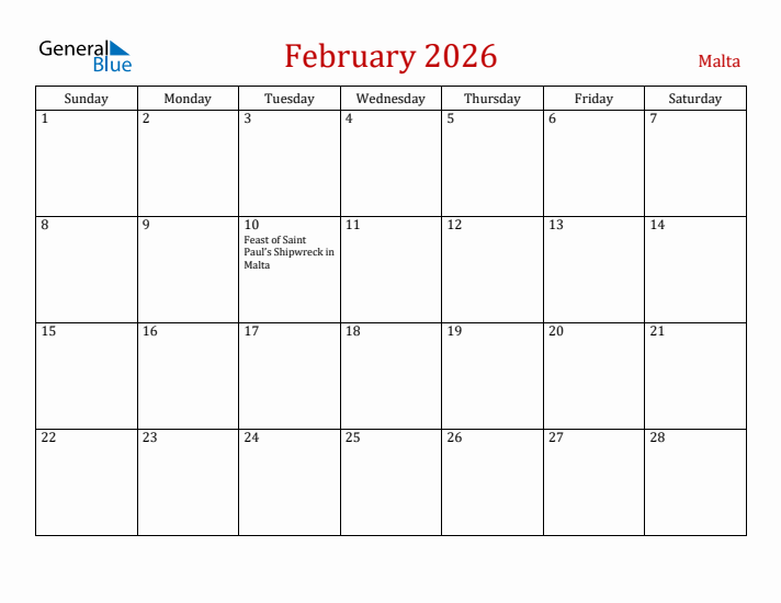 Malta February 2026 Calendar - Sunday Start