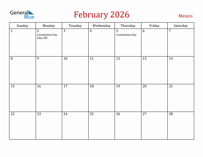 Mexico February 2026 Calendar - Sunday Start