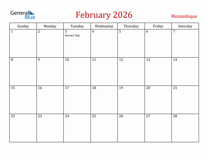 Mozambique February 2026 Calendar - Sunday Start