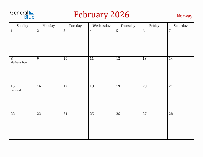 Norway February 2026 Calendar - Sunday Start