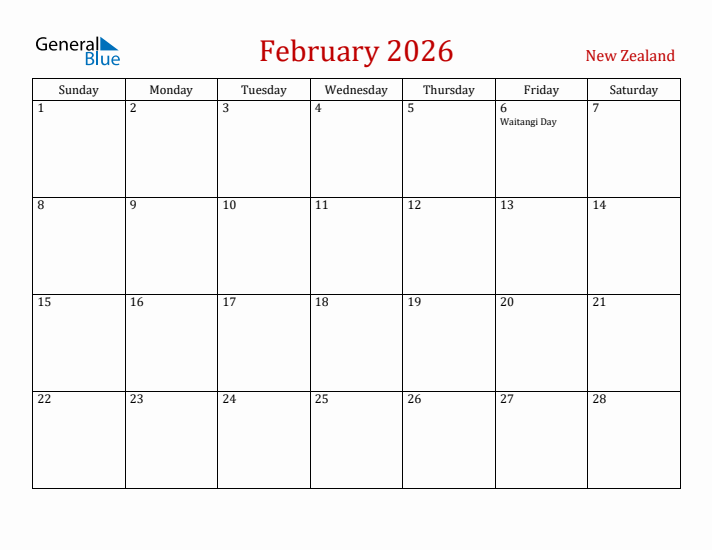 New Zealand February 2026 Calendar - Sunday Start