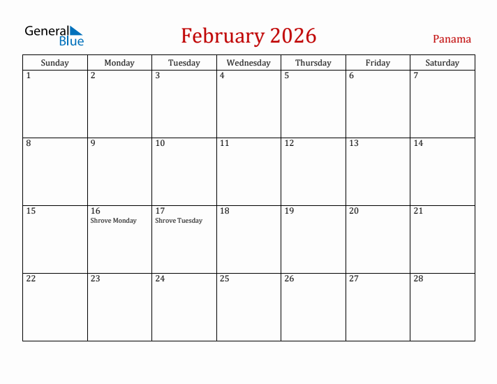Panama February 2026 Calendar - Sunday Start