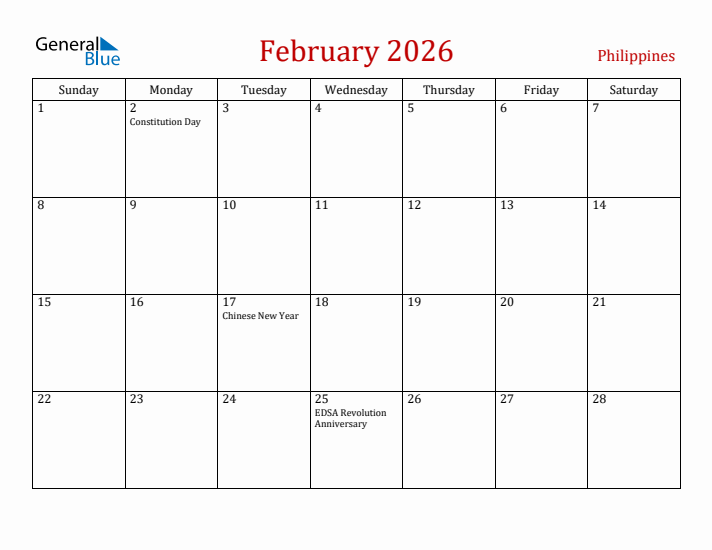 Philippines February 2026 Calendar - Sunday Start