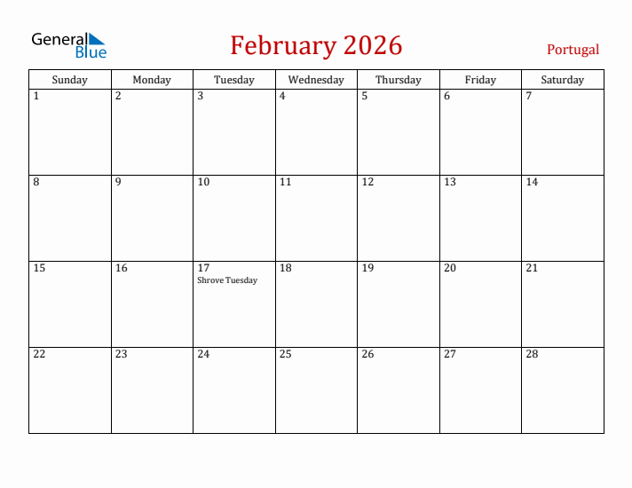 Portugal February 2026 Calendar - Sunday Start
