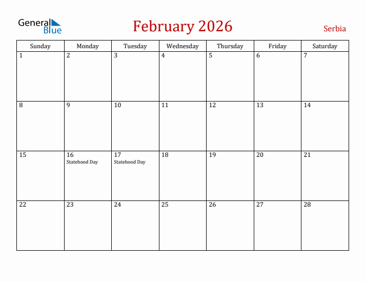 Serbia February 2026 Calendar - Sunday Start