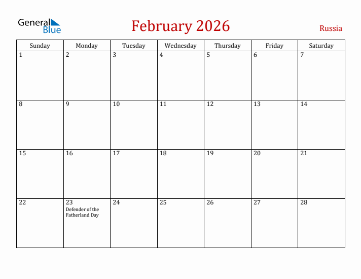Russia February 2026 Calendar - Sunday Start