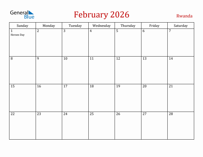 Rwanda February 2026 Calendar - Sunday Start