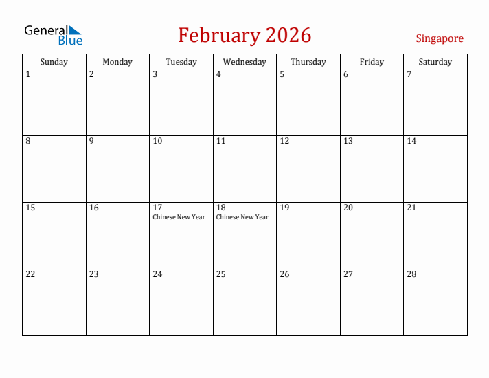 Singapore February 2026 Calendar - Sunday Start