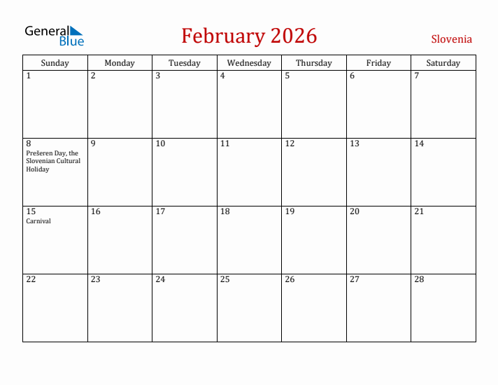 Slovenia February 2026 Calendar - Sunday Start
