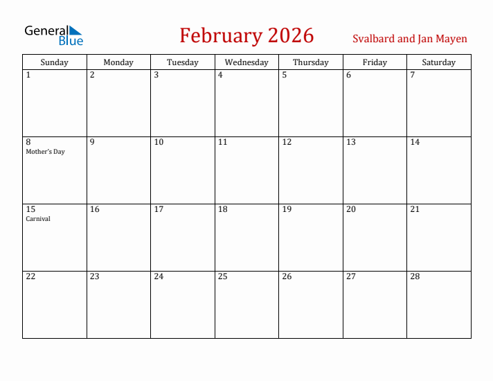 Svalbard and Jan Mayen February 2026 Calendar - Sunday Start