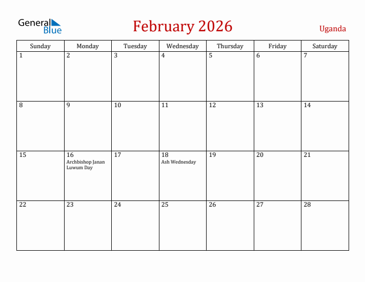 Uganda February 2026 Calendar - Sunday Start