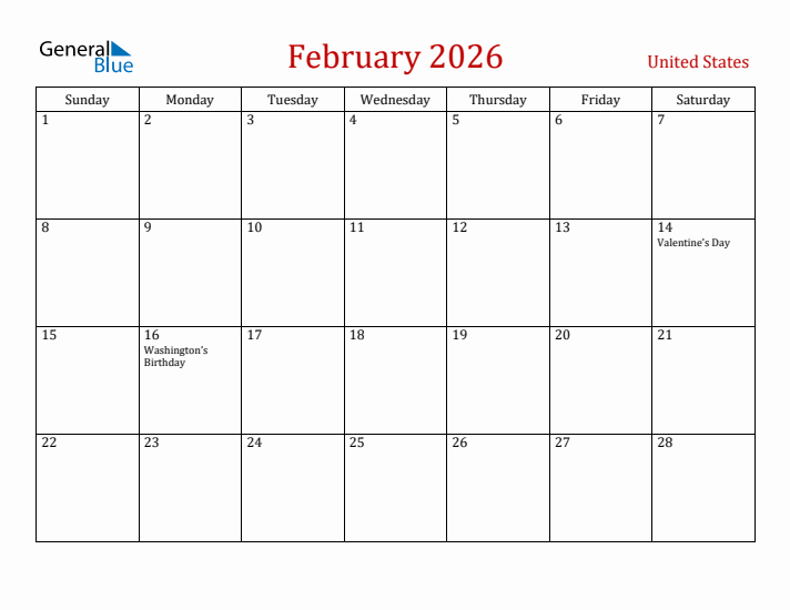 United States February 2026 Calendar - Sunday Start