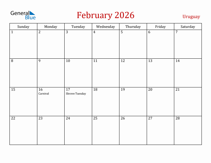 Uruguay February 2026 Calendar - Sunday Start