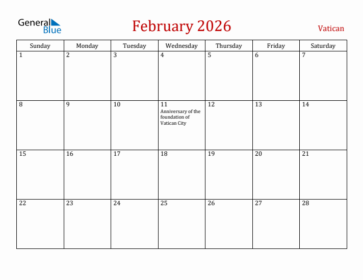 Vatican February 2026 Calendar - Sunday Start