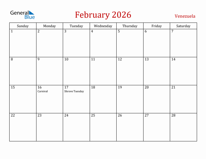 Venezuela February 2026 Calendar - Sunday Start