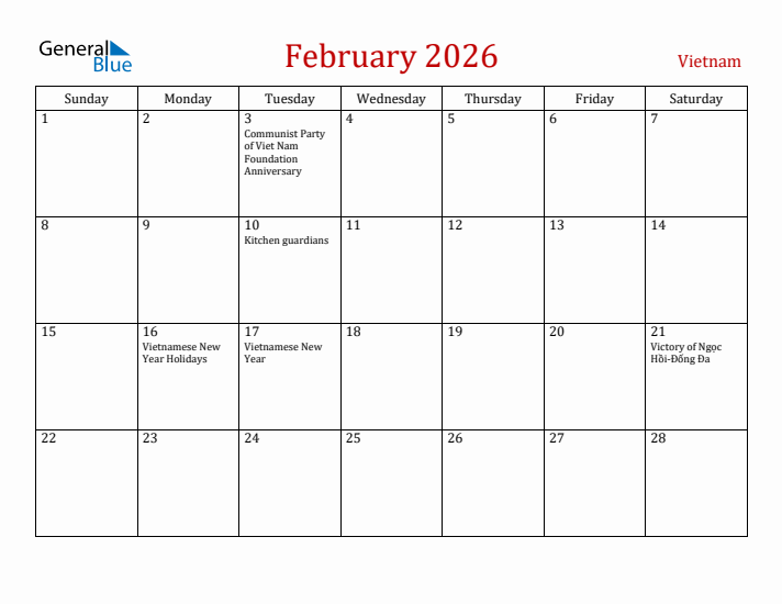 Vietnam February 2026 Calendar - Sunday Start