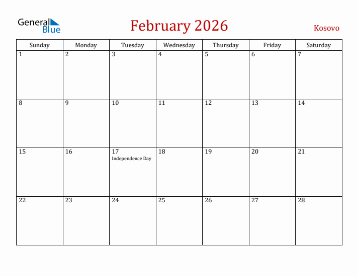 Kosovo February 2026 Calendar - Sunday Start
