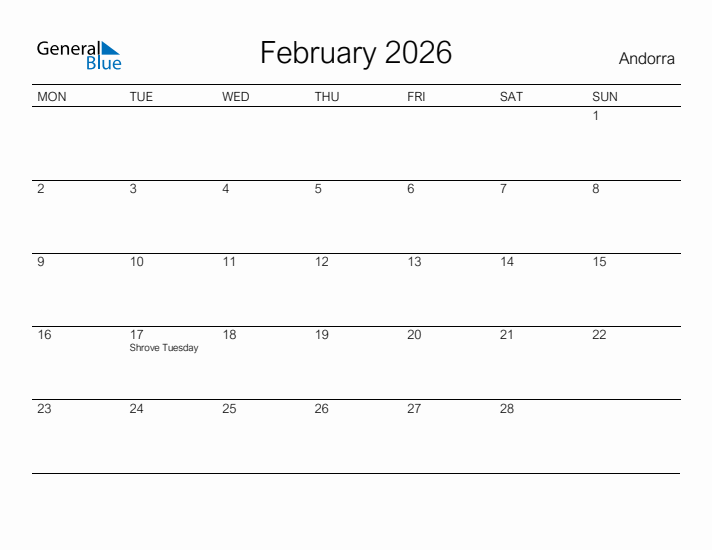 Printable February 2026 Calendar for Andorra