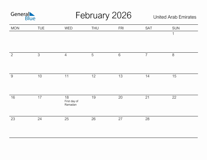 Printable February 2026 Calendar for United Arab Emirates