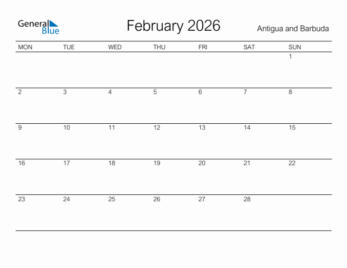 Printable February 2026 Calendar for Antigua and Barbuda