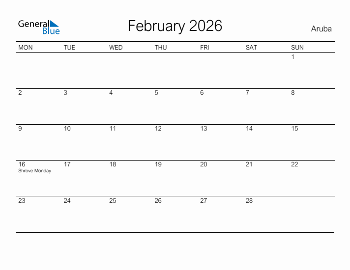 Printable February 2026 Calendar for Aruba