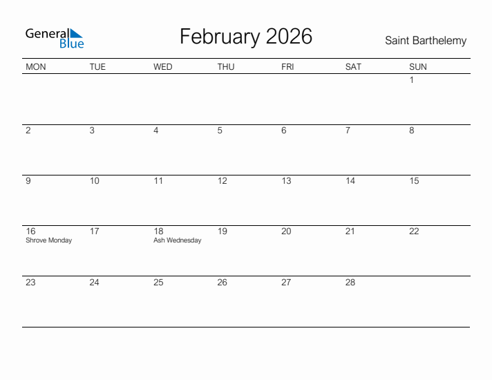 Printable February 2026 Calendar for Saint Barthelemy