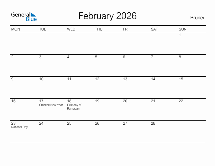 Printable February 2026 Calendar for Brunei