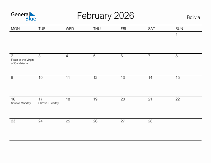 Printable February 2026 Calendar for Bolivia