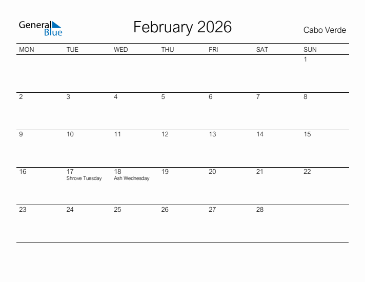 Printable February 2026 Calendar for Cabo Verde