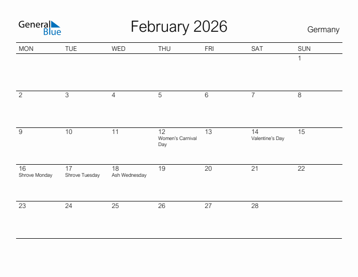Printable February 2026 Calendar for Germany