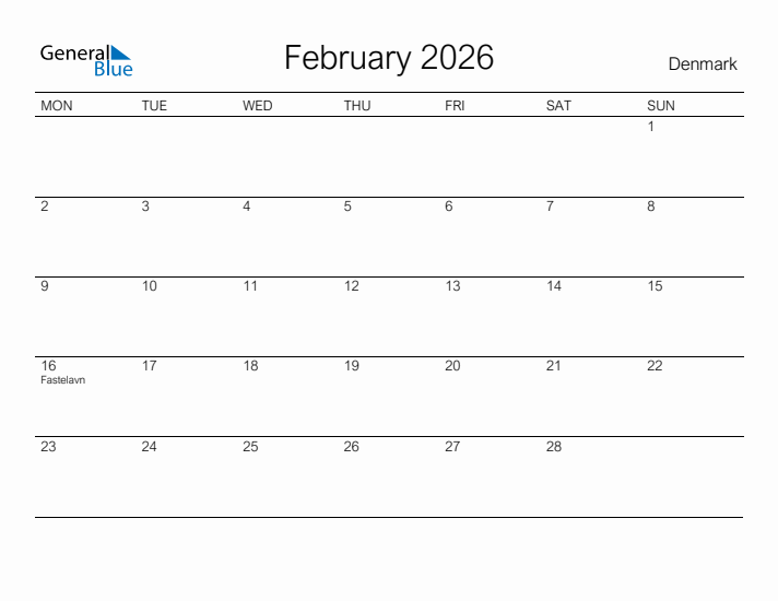 Printable February 2026 Calendar for Denmark