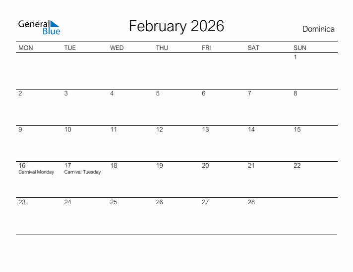 Printable February 2026 Calendar for Dominica