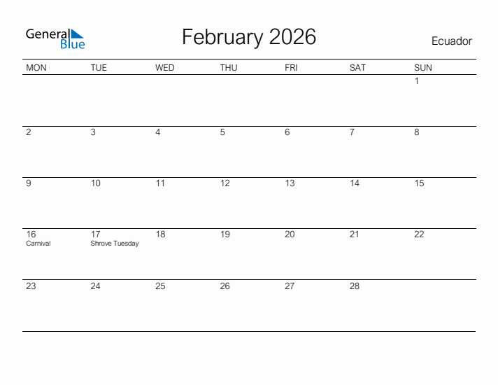 Printable February 2026 Calendar for Ecuador
