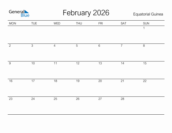 Printable February 2026 Calendar for Equatorial Guinea