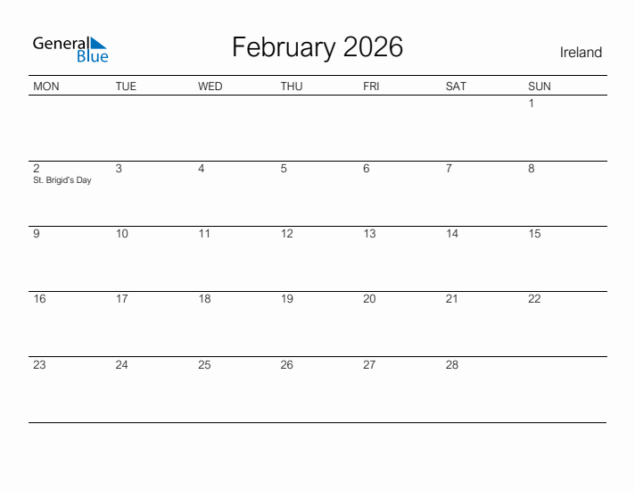 Printable February 2026 Calendar for Ireland