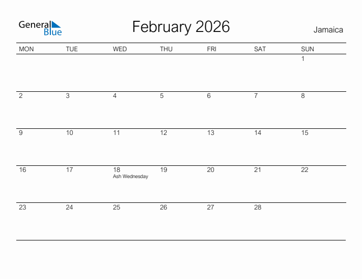 Printable February 2026 Calendar for Jamaica