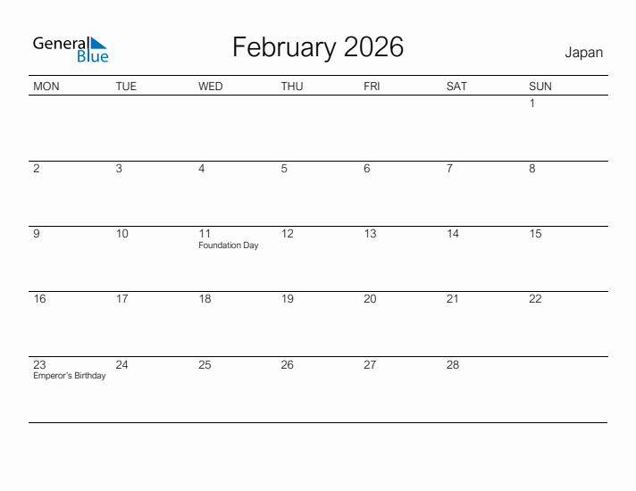 Printable February 2026 Calendar for Japan
