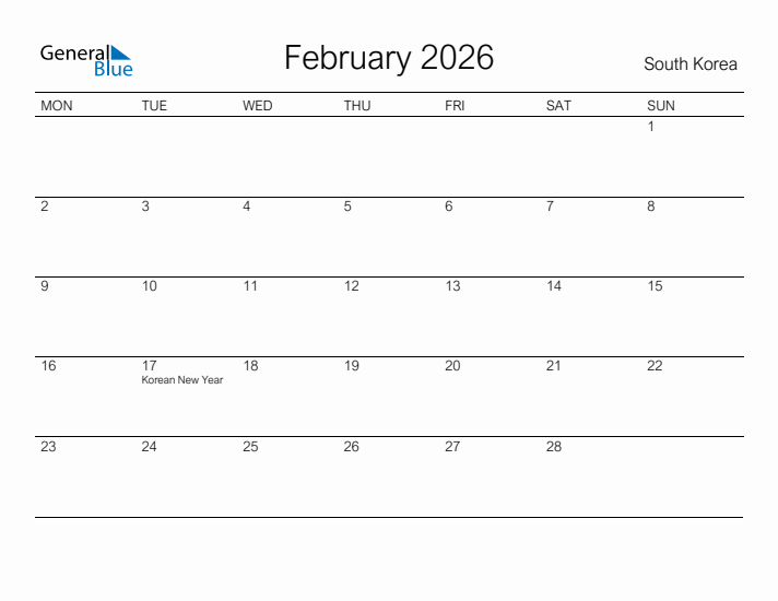 Printable February 2026 Calendar for South Korea
