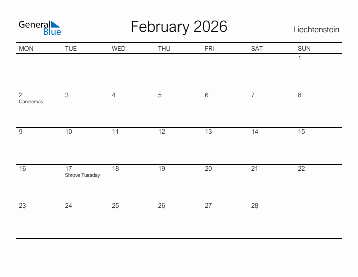 Printable February 2026 Calendar for Liechtenstein
