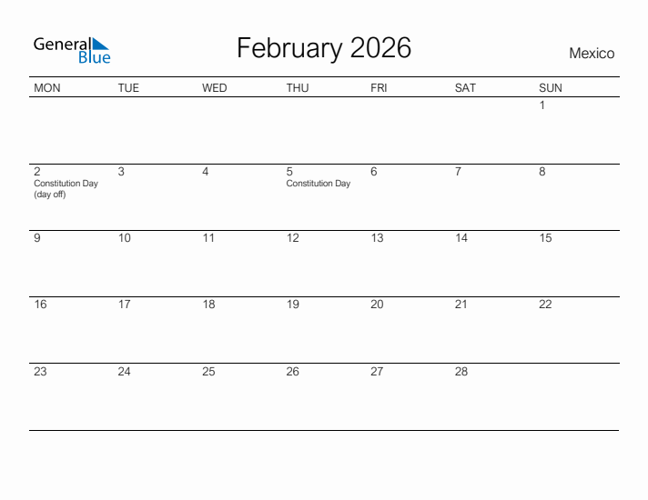 Printable February 2026 Calendar for Mexico
