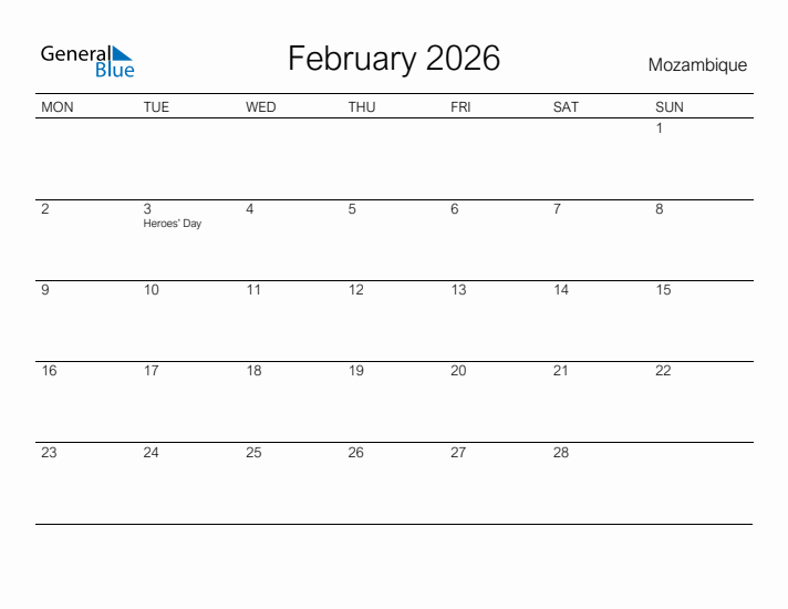 Printable February 2026 Calendar for Mozambique