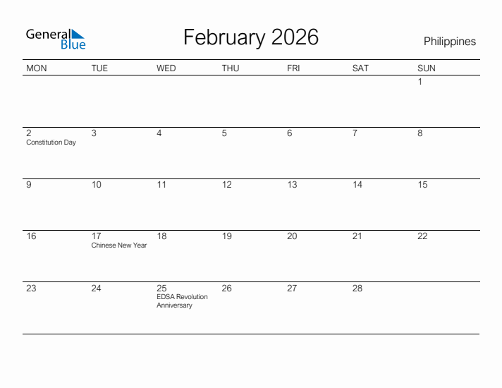 Printable February 2026 Calendar for Philippines